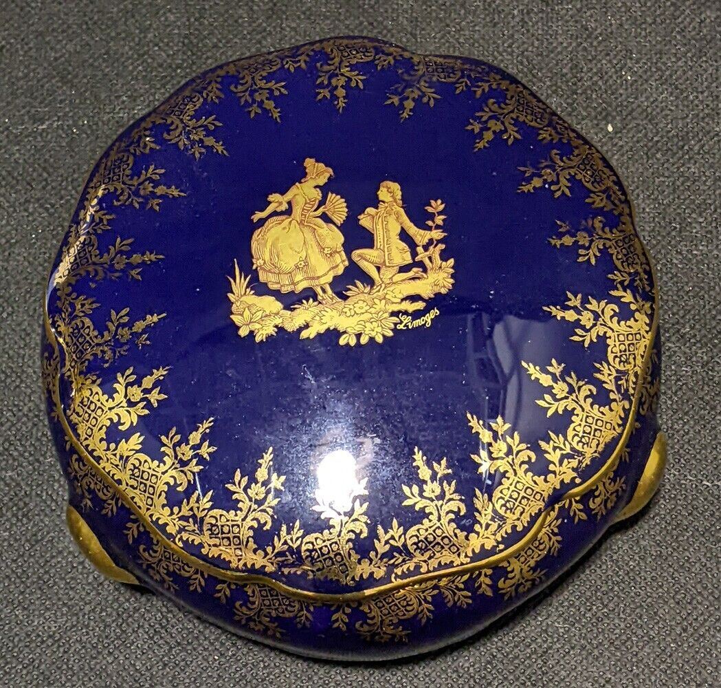 Limoges Fine Porcelain Footed Trinket Box - Courting Couple - Cobalt & Gold