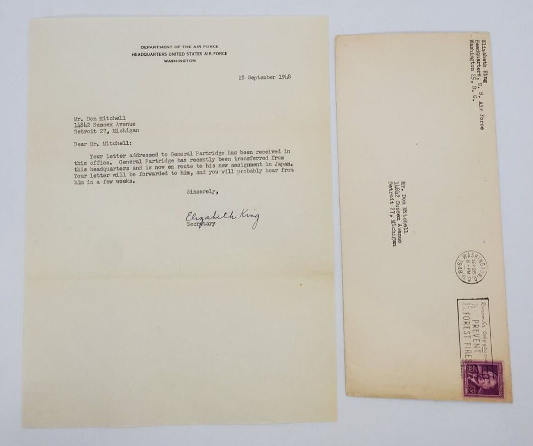 1948 Military Letter to Gen. Partridge Department of the Air Force w/ Envelope
