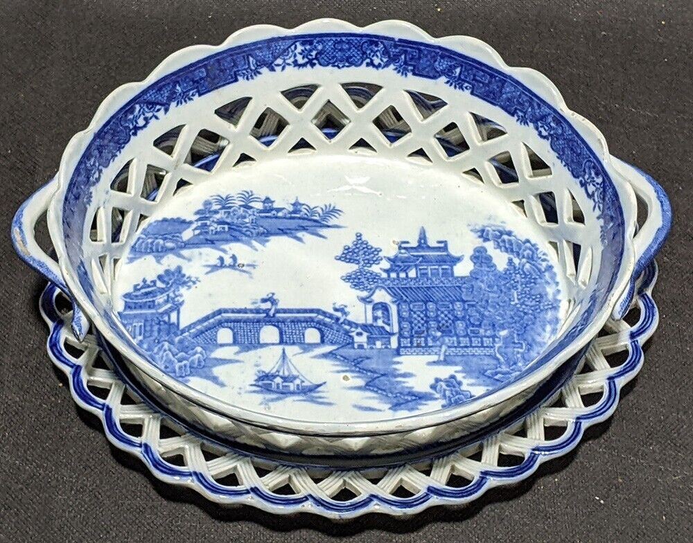 Vintage Flow Blue Oval Bread Basket & Under Plate - No Markings - As Found