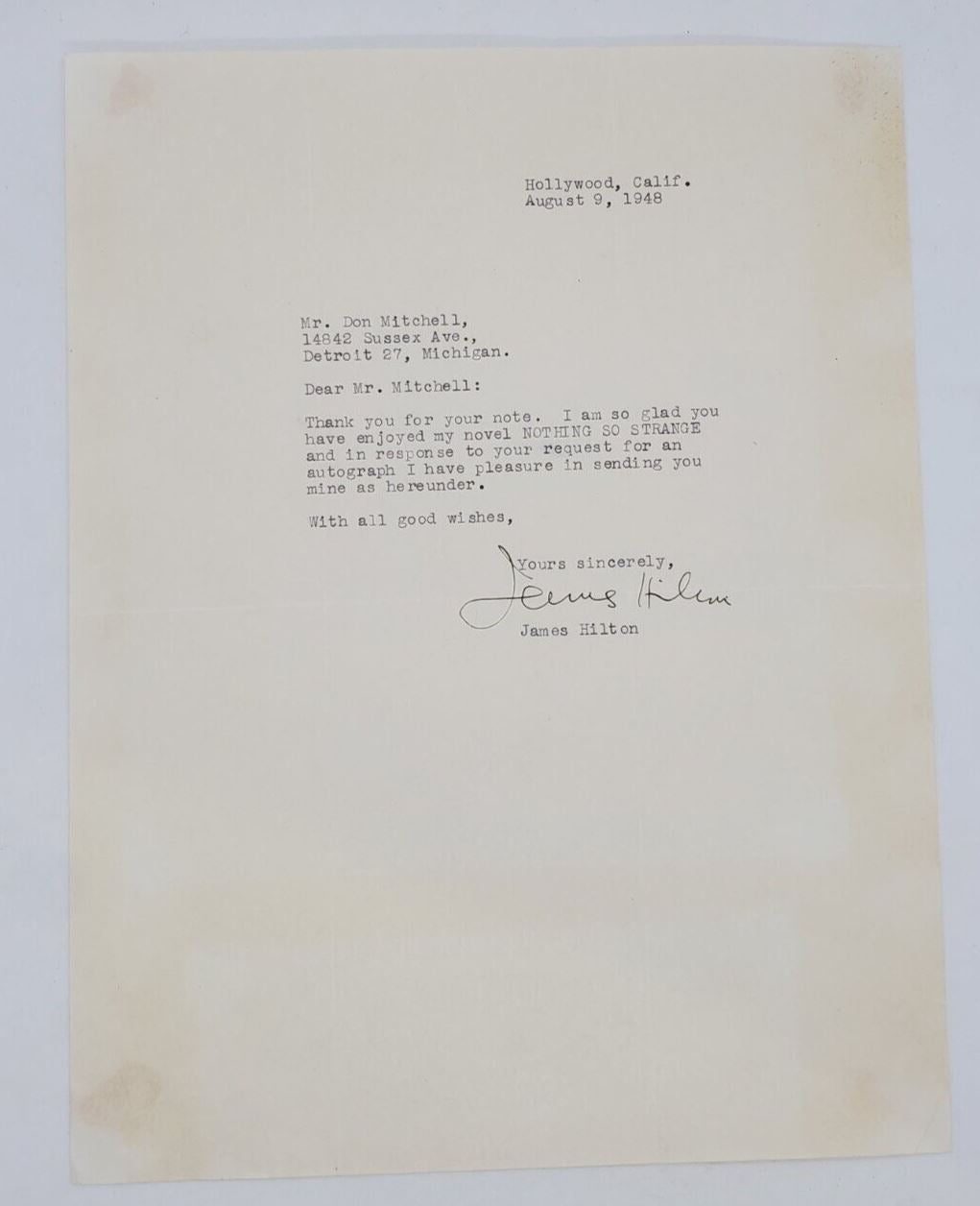 1948 Hollywood Novelist James Hilton Autographed Letter