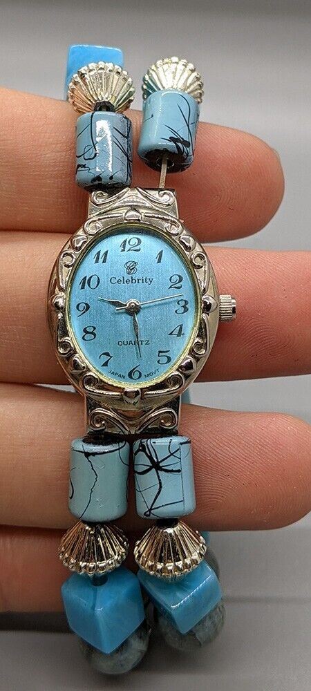 Celebrity Fashion wrist Watch - Turquoise Tone Bead Stretchy Bracelet