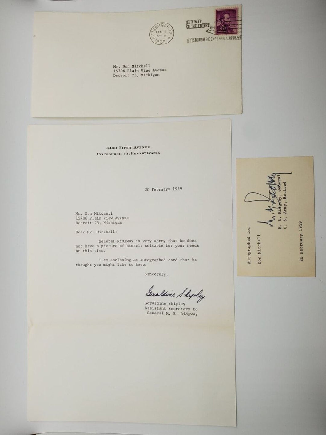 1959 Military Autograph US Army General M.B. Ridgway w/ envelope