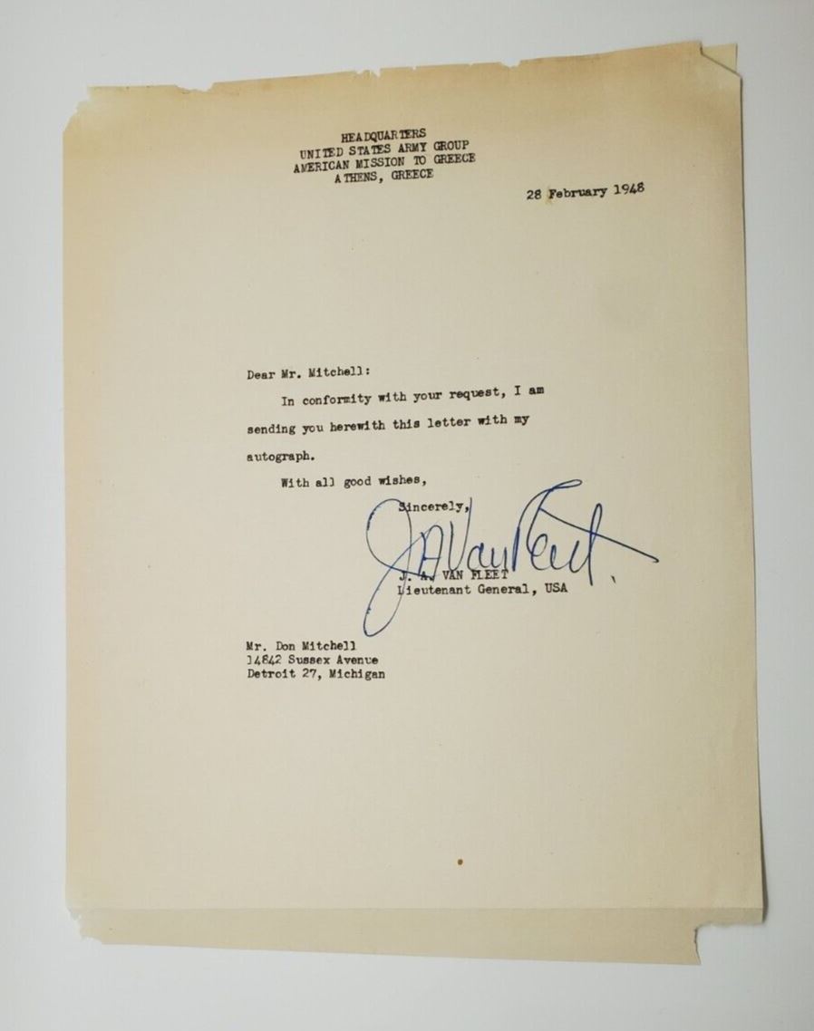 1948 Military Autograph Lieutenant General J. A. Van Fleet