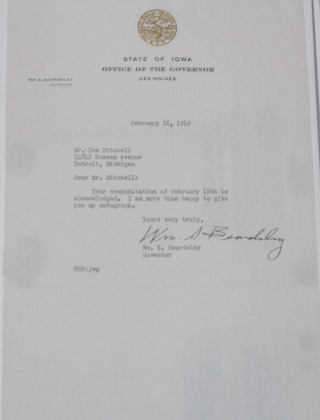 William S. Beardsley Autograph (Governor of Iowa, 1949-1954)