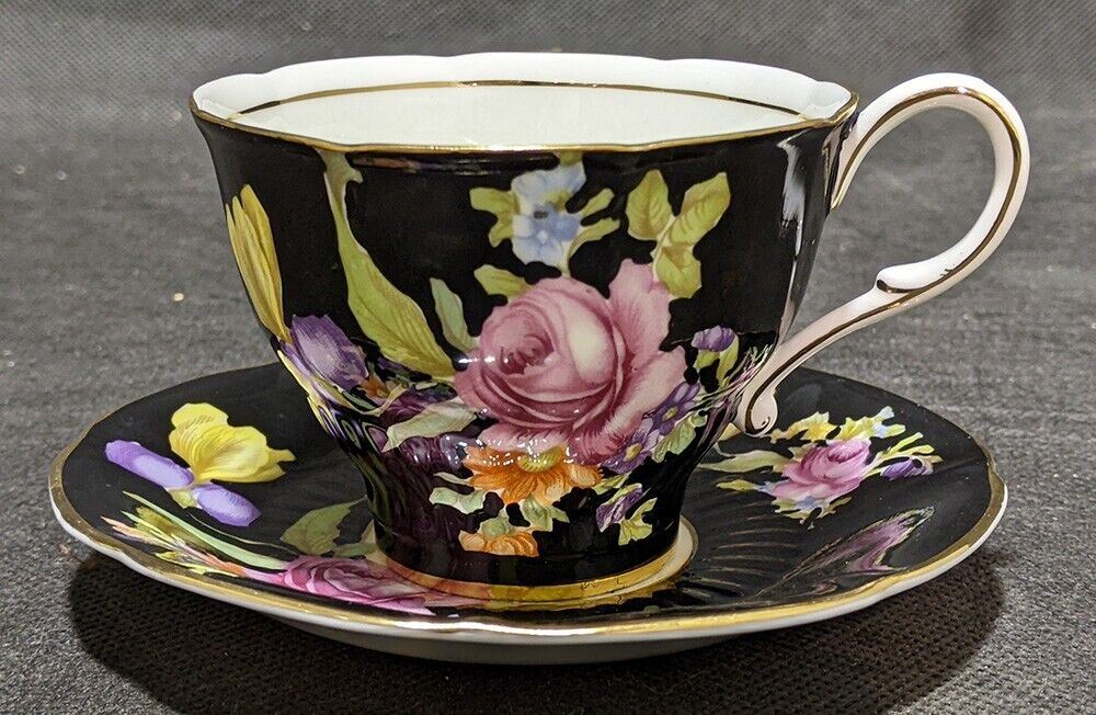 Vintage PARAGON Bone China Tea Cup & Saucer Set - Black & Floral Detail