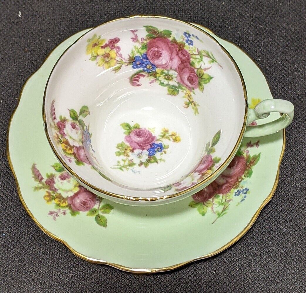 Foley Bone China Tea Cup & Saucer -- Soft Green With Floral Bouquets
