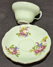 Load image into Gallery viewer, Foley Bone China Tea Cup &amp; Saucer -- Soft Green With Floral Bouquets
