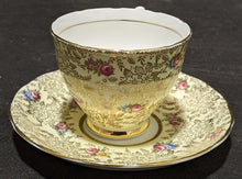 Load image into Gallery viewer, Colclough Bone China Tea Cup &amp; Saucer -- Heavy Gold Detail With Flowers
