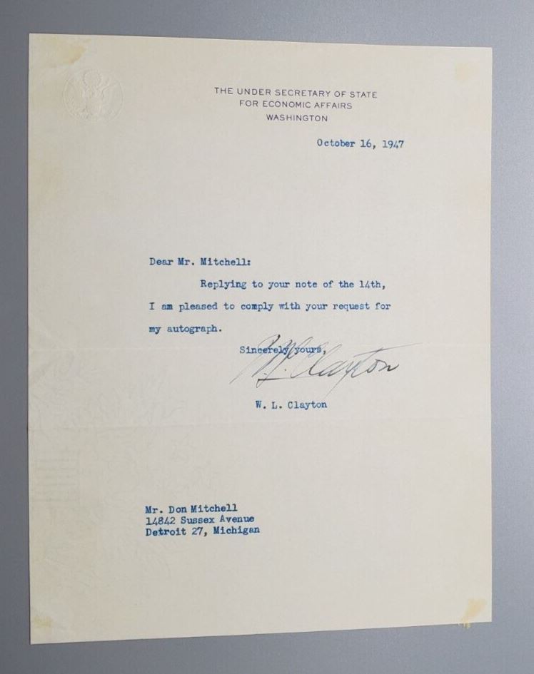 1947 Autograph Under Secretary of State W. L. Clayton Signed