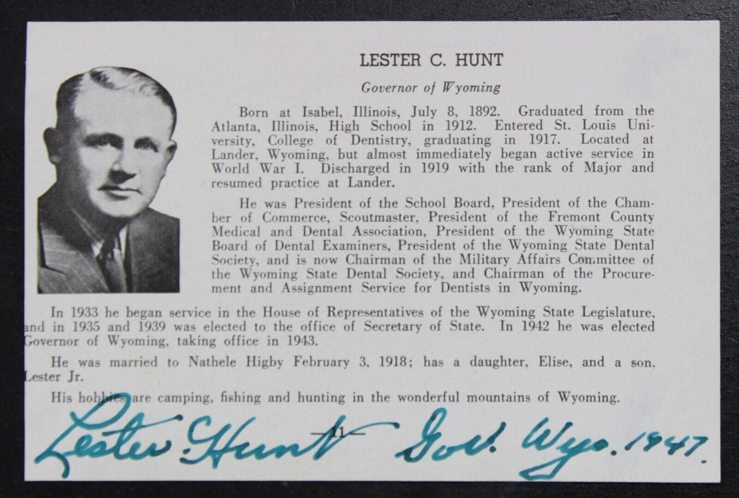 Lester Hunt Autograph (Governor of Wyoming, 1943-1949)