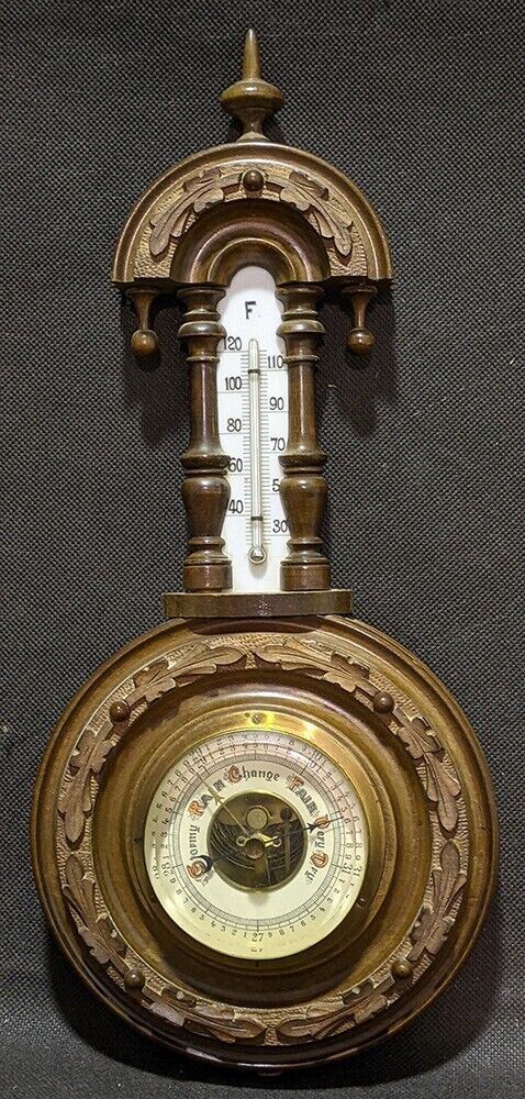 Vintage Decorative Wood Framed Barometer & Thermometer Wall Unit