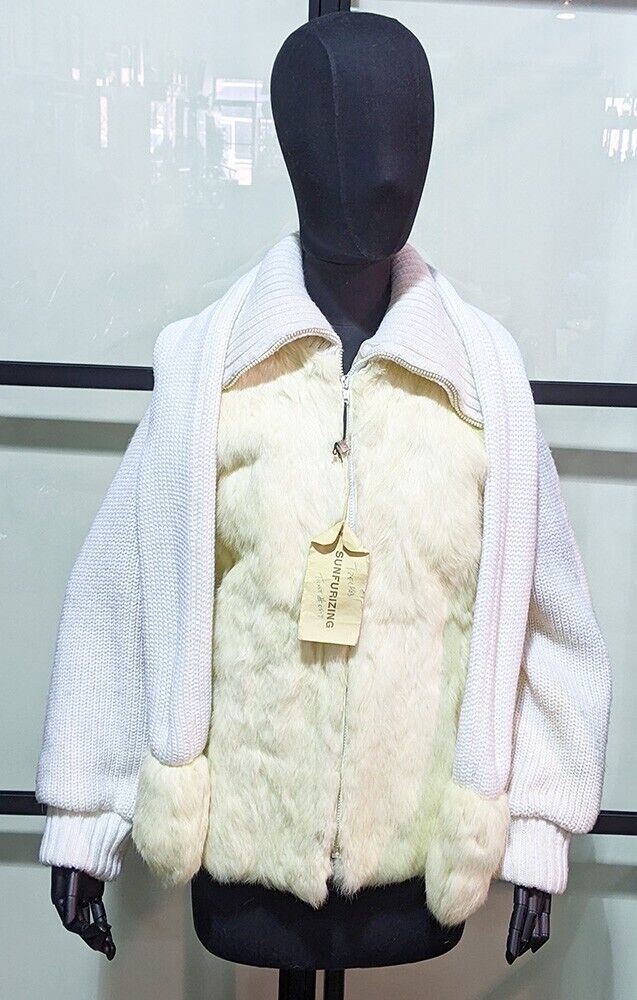 Vintage 100% Rabbit Fur & Knit Women's Jacket & Scarf Set
