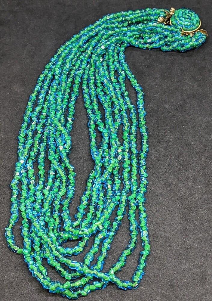 Made in Italy Green & Blue Bead Multi Strand Necklace With Beaded Clasp - 20