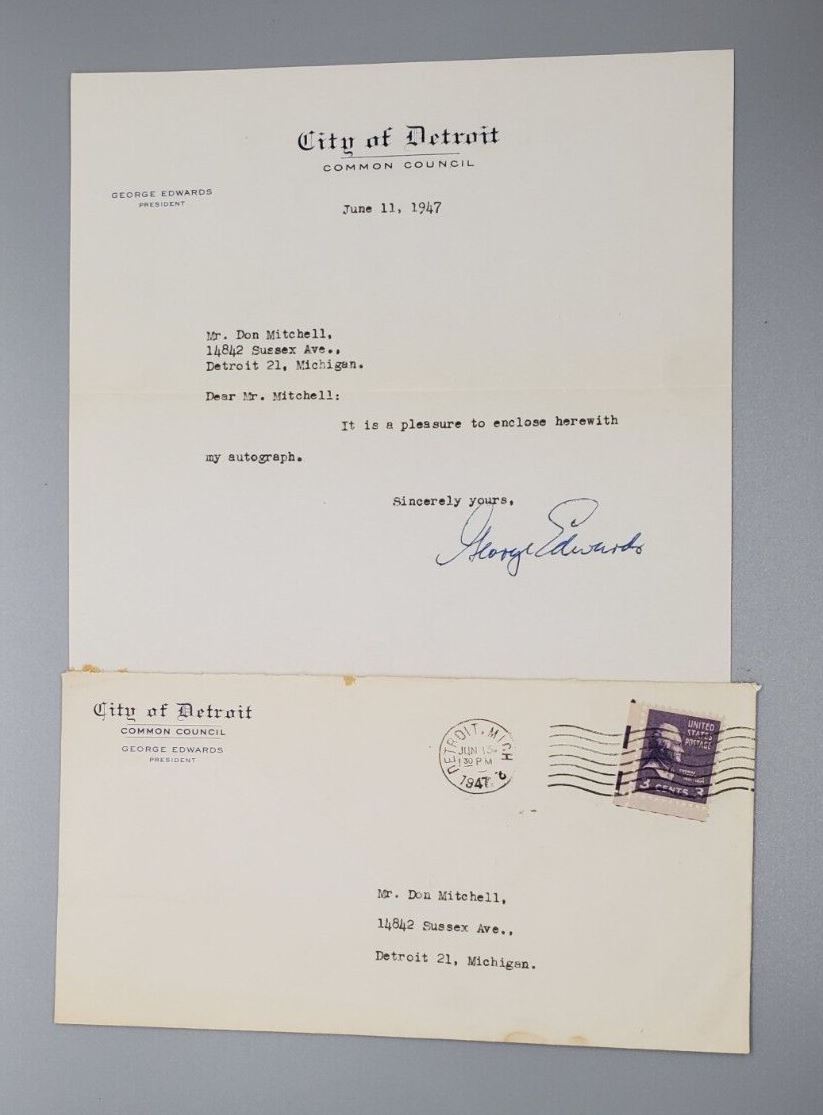 1947 Detroit Common Council George Edwards Autograph Signed w/ Envelope