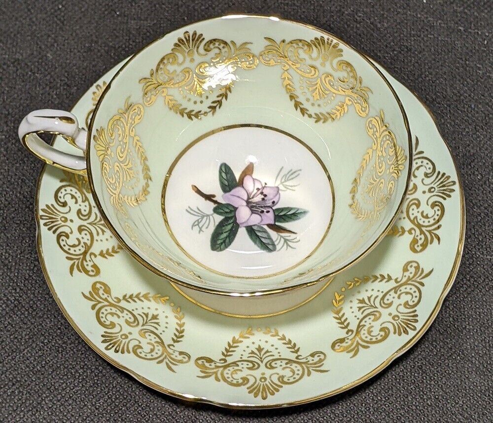 PARAGON Bone China Tea Cup & Saucer - Green & Gold - Violet in Bowl