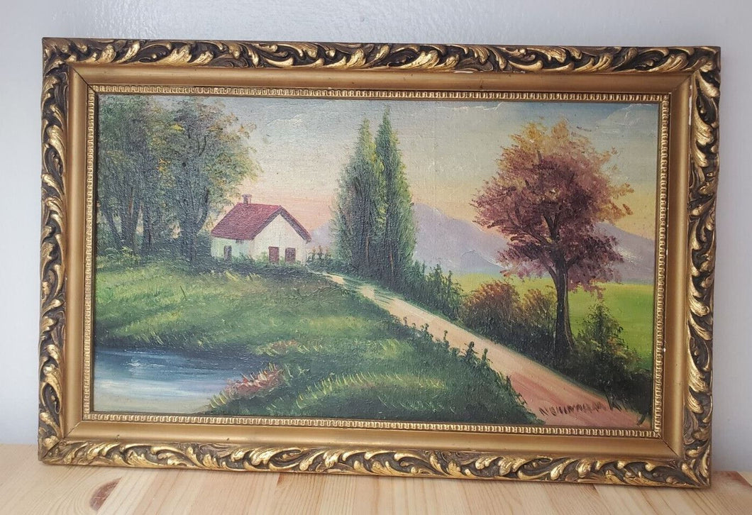 Oil on Canvas Classic Framed House By The Lake Signed