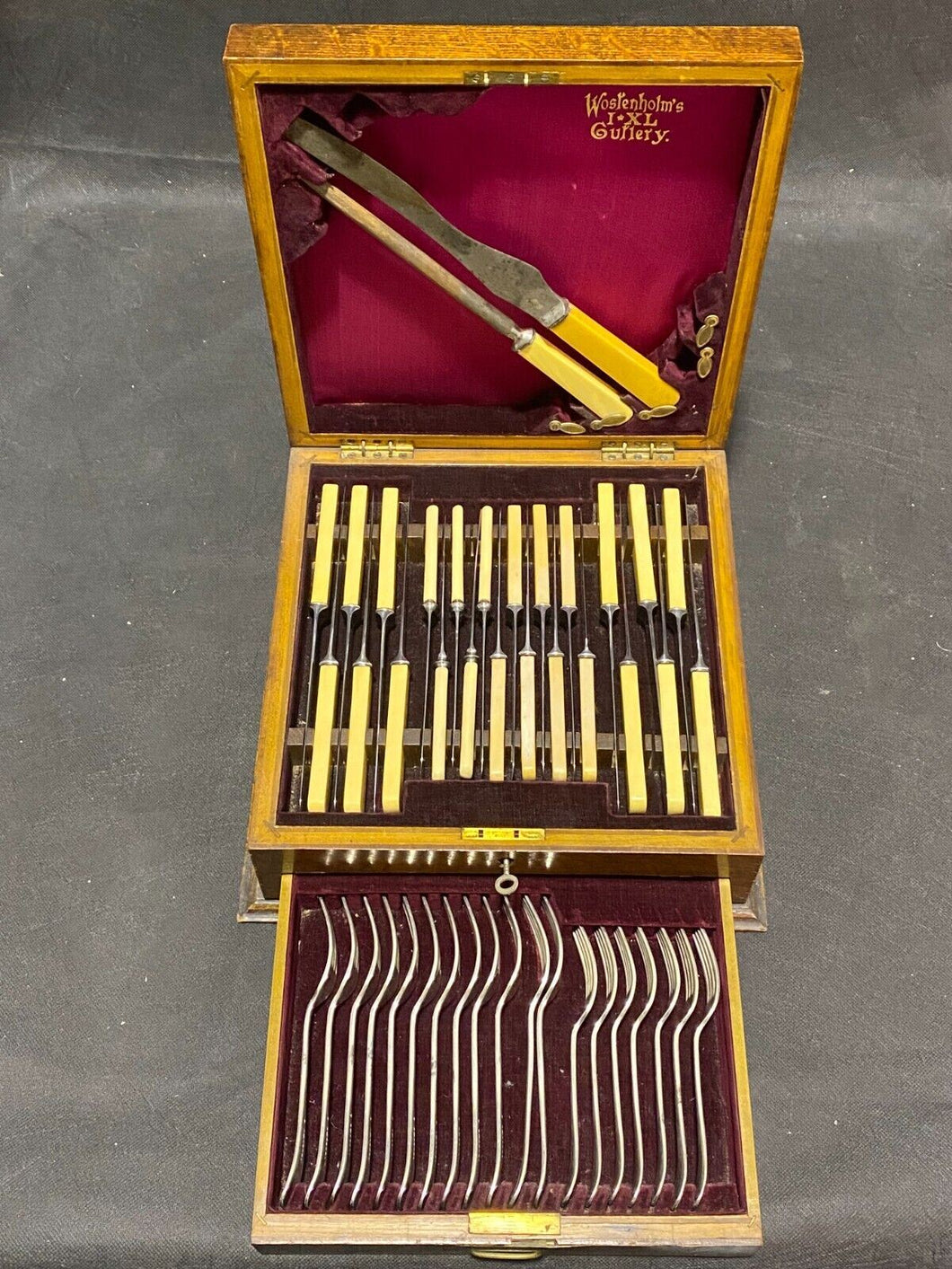 Wostenholmes IXL Victorian French Ivorex Handle Cutlery Set w/ original key box