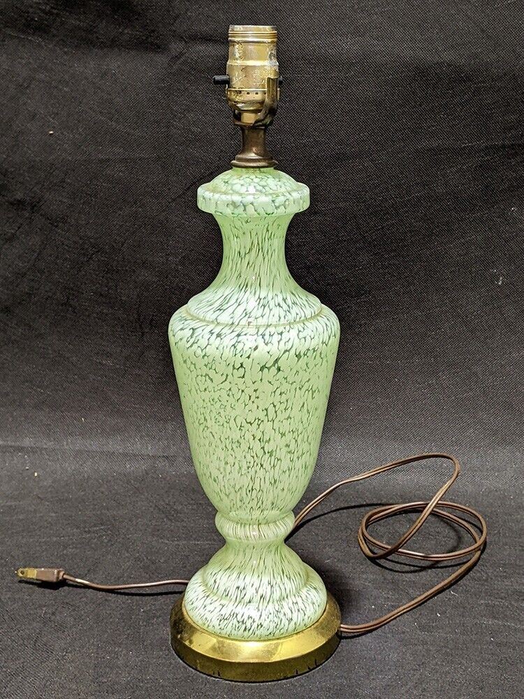 Vintage Green Speckled Glass Brass Tone Accent Murano Style Lamp - Works