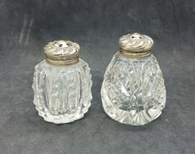 Load image into Gallery viewer, Crystal Glass Salt &amp; Pepper Shakers STERLING RARE TOPS Set
