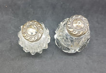 Load image into Gallery viewer, Crystal Glass Salt &amp; Pepper Shakers STERLING RARE TOPS Set
