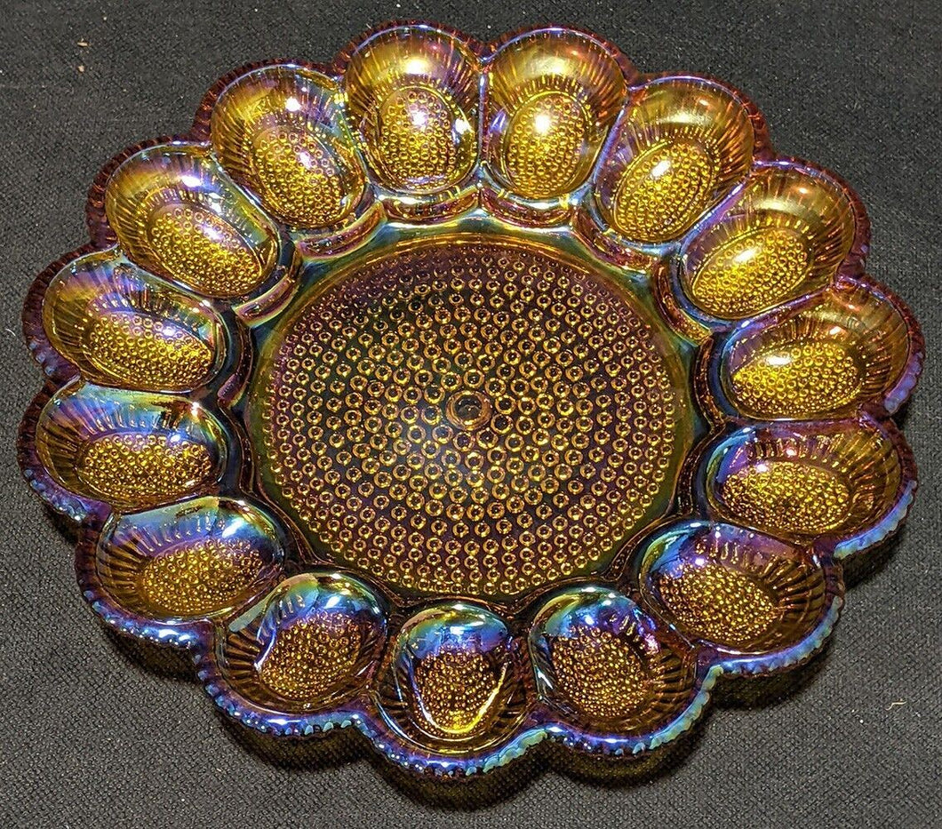 Iridescent Amber Hobnail Carnival Glass Platter - Deviled Egg Plate