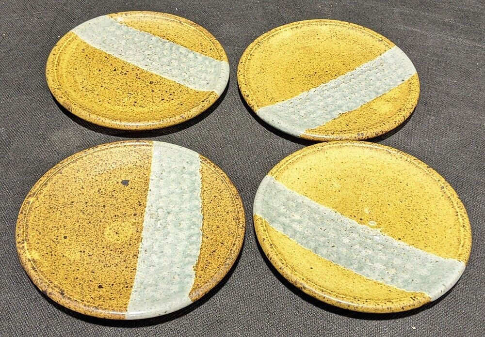 4 Rockcliffe Pottery Bread Plates - Brown With Grey Pebbled Stripe -Signed