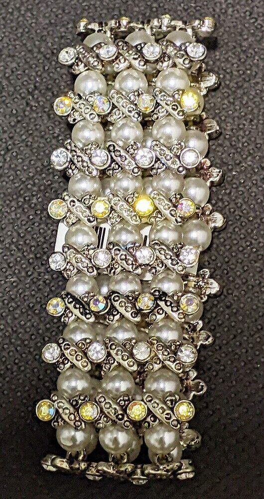 Silver Tone Link, Rhinestone & Pearl Bead Costume Bracelet