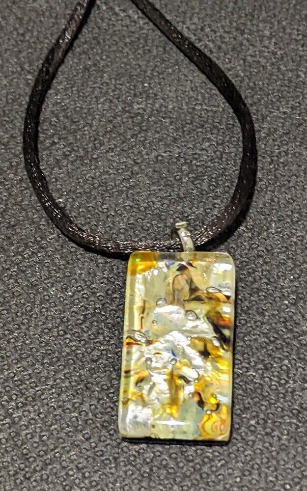 Rectangular Murano Glass Pendant, Silver Tone Bale, Brown Cord Necklace