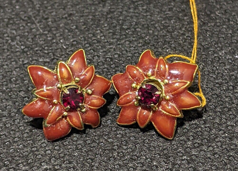 Gold Tone, Red Enamel & Red Stone Flower Stud Earrings
