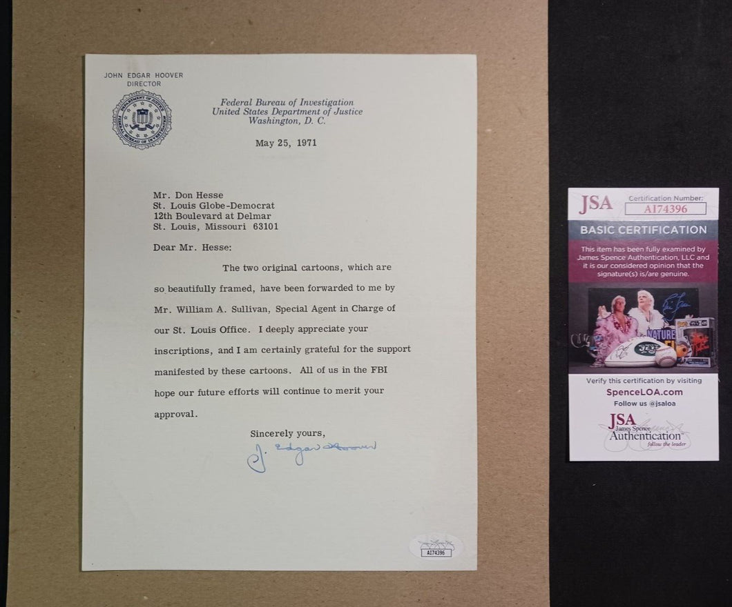 1971 J Edgar Hoover Signed Letter w/ JSA COA AI74396