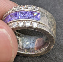 Load image into Gallery viewer, Sterling Silver Clear &amp; Purple Stone Band  / Ring - Size 6 - 9 mm Wide
