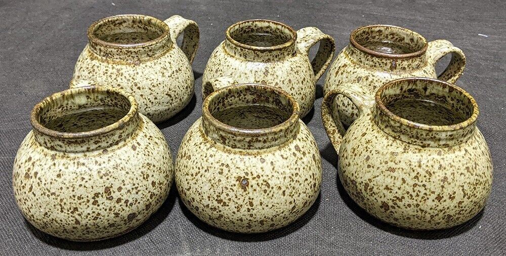 6 Brown Speckled Stoneware Mugs - Signed Jim Miller