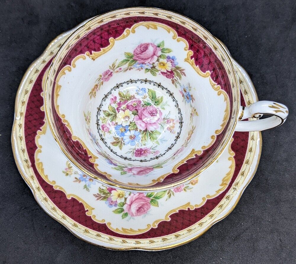 FOLEY Bone China Tea Cup & Saucer -- Red, Gold & Flowers - Windsor