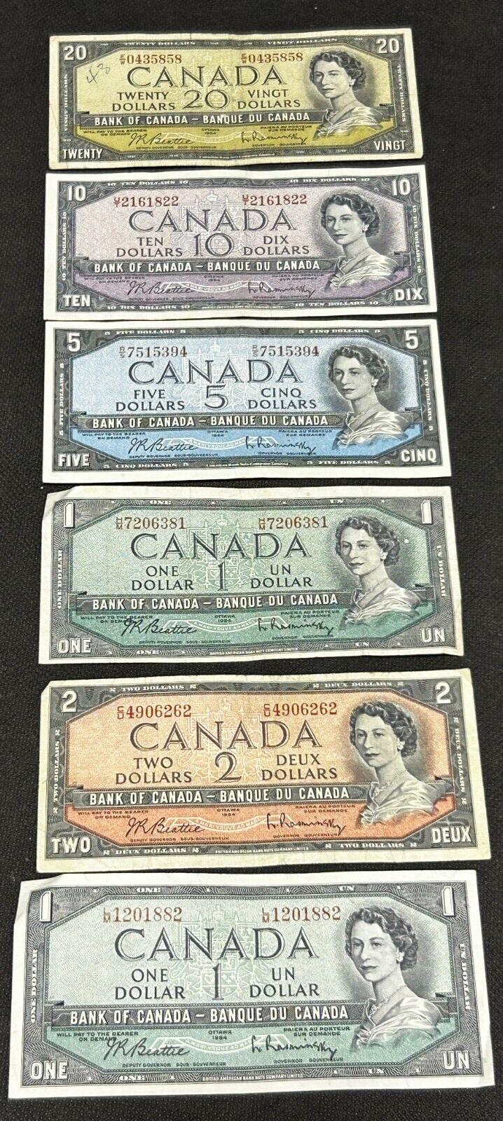 1954 Bank Of Canada Note lot of $1,$1,$2,$5,$10,$20