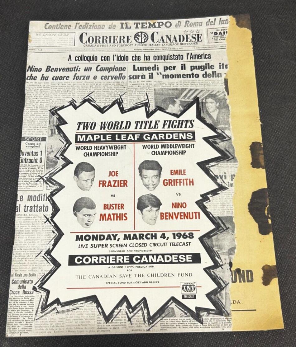1968 Maple Leaf Gardens Boxing Program, G+, Joe Frazier
