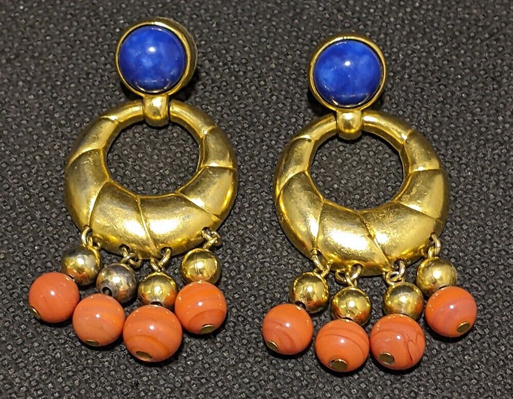 Vintage Alfred SUNG Gold Tone Dangle Stud Earrings - Blue & Orange Bead