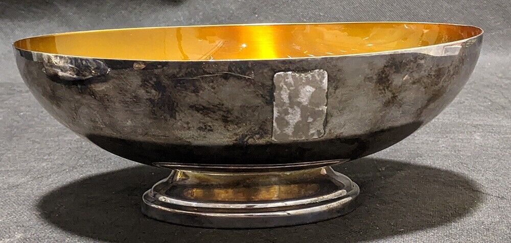 Vintage Wallace Silver Tone Pedestal Bowl With Orange Enamel Interior - As Is