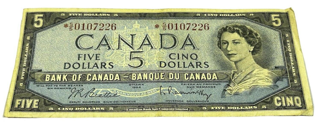 1954 Bank of Canada Five Dollars Replacement Note, SS 0107226