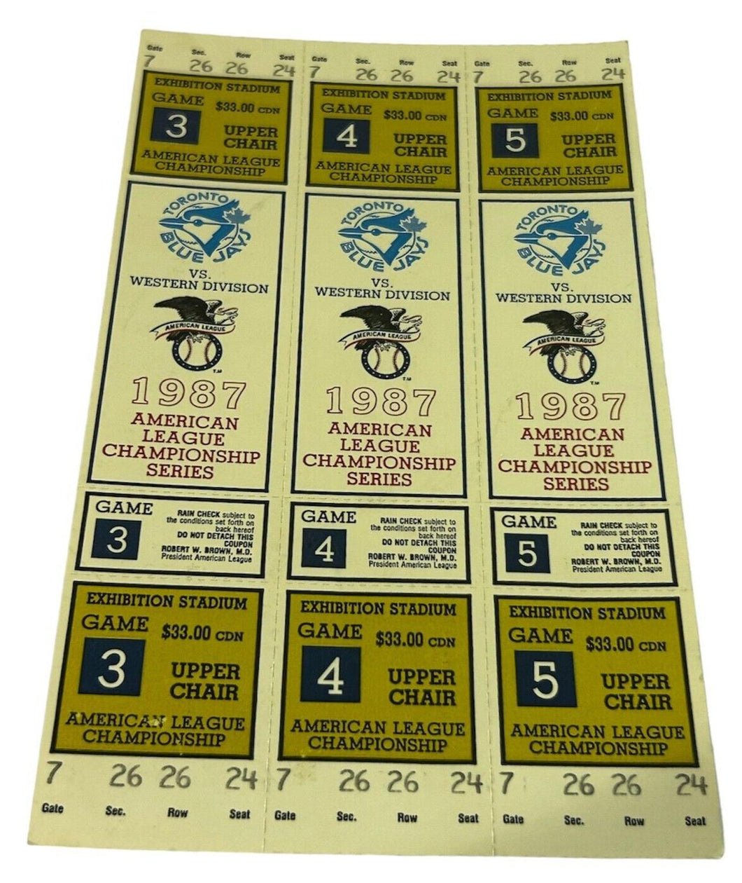 1987 Toronto Blue Jays Phantom World Series 3 Ticket Stubs