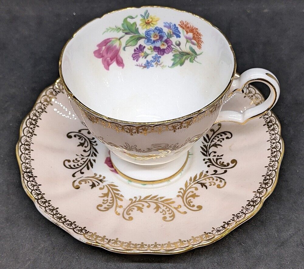 Grosvenor Fine Bone China Tea Cup & Saucer - Light Pink With Floral Bouquet