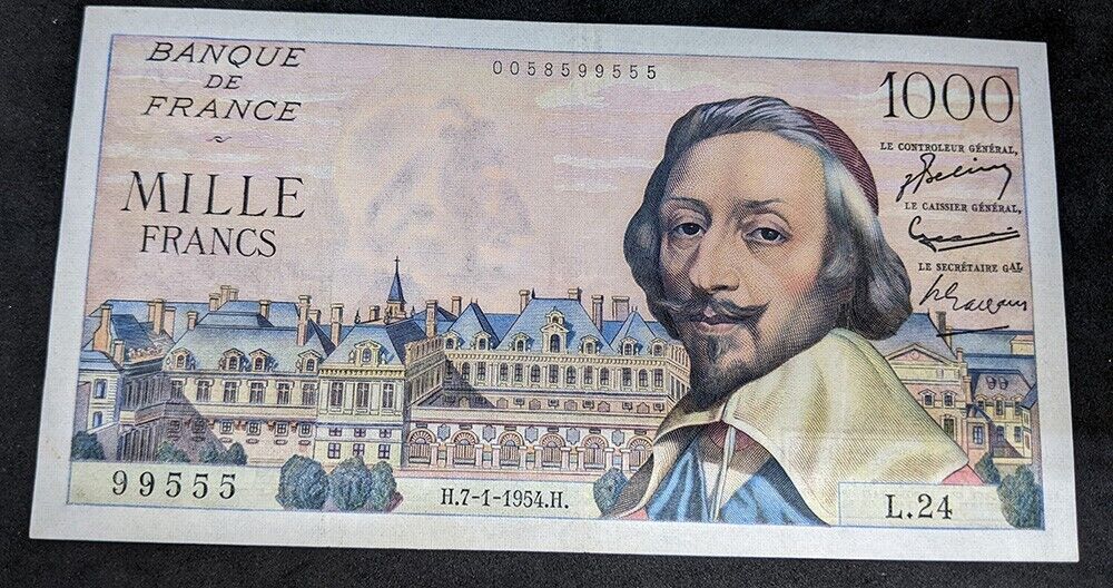 1954 Bank of (Banque De) France 1000 Francs Bank Note