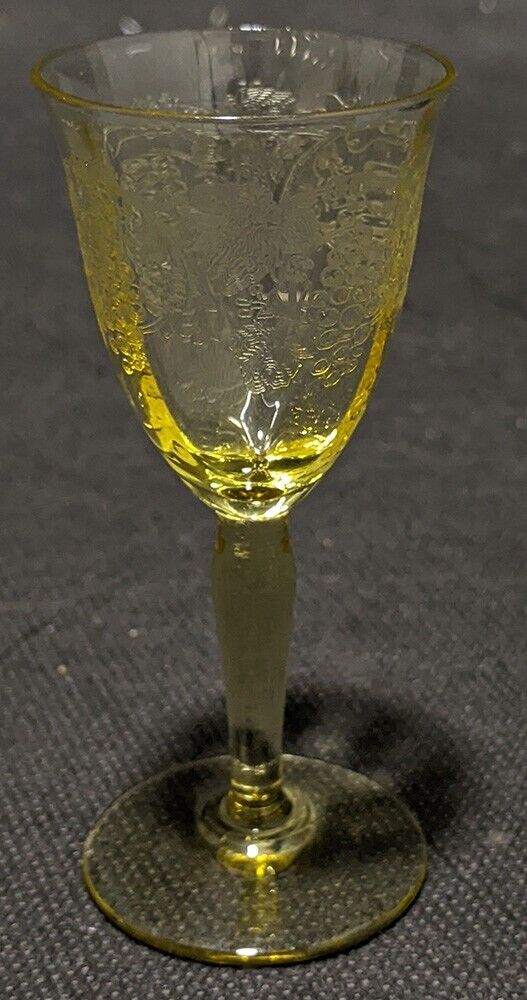 Vintage Yellow Depression Glass Grape & Vine Etched Sherry Glass
