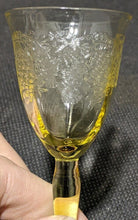 Load image into Gallery viewer, Vintage Yellow Depression Glass Grape &amp; Vine Etched Sherry Glass
