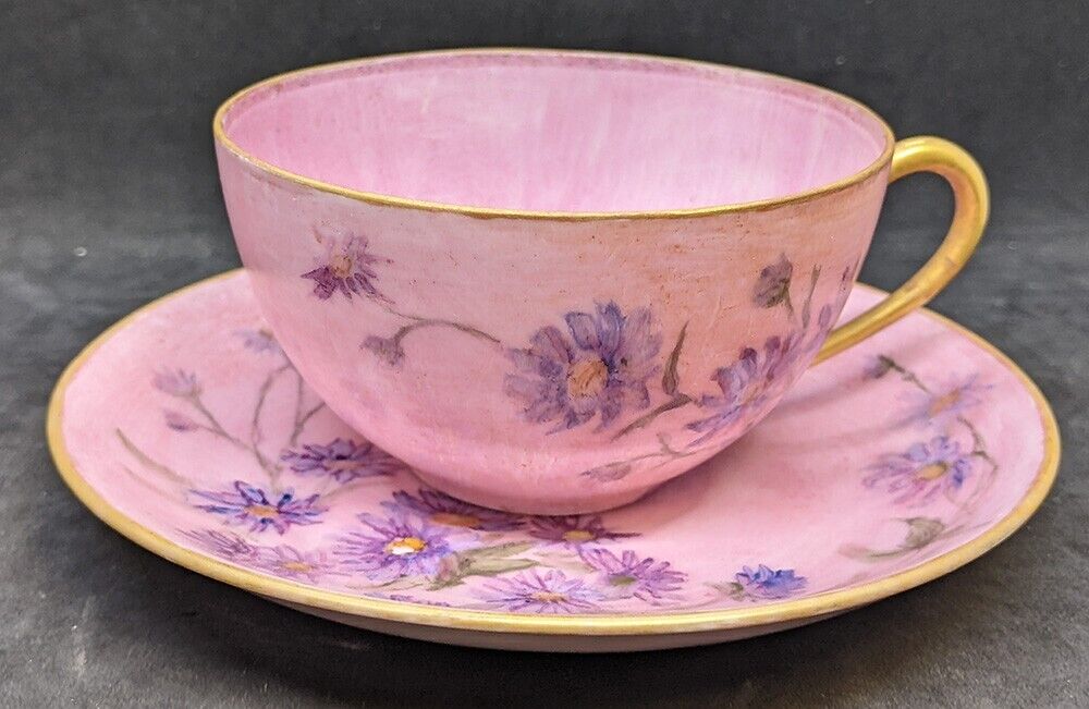 Vintage Porcelain Hand Painted & Signed Cup & Saucer - Pink With Purple Flowers