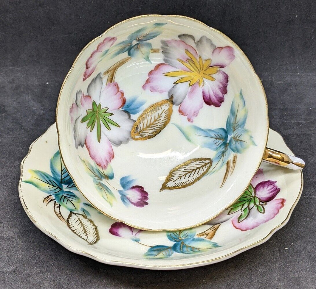 Shafford - Japan - Hand Painted Cream Cup & Saucer With Bright Flowers & Gold