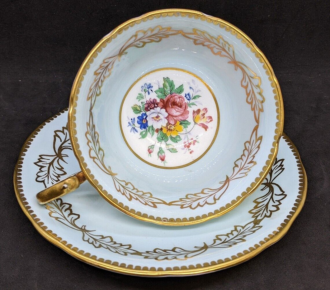 Vintage AYNSLEY Fine Bone China Tea Cup & Saucer - Soft Blue & Gold Leaf Detail