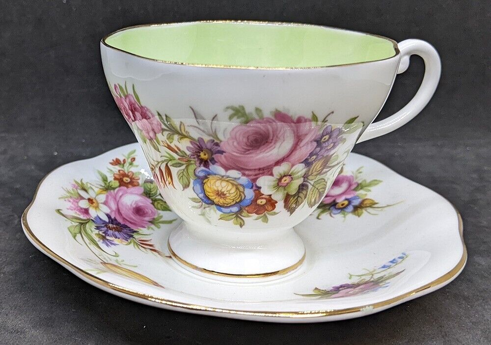 Vintage Foley Bone China Tea Cup & Saucer - Green Bowl, Floral Design