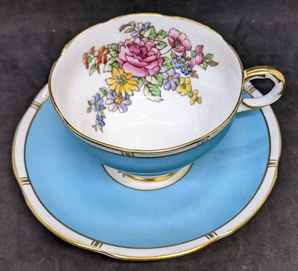 Vintage Adderley Bone China Tea Cup & Saucer - Blue, With Painted Flower Bowl