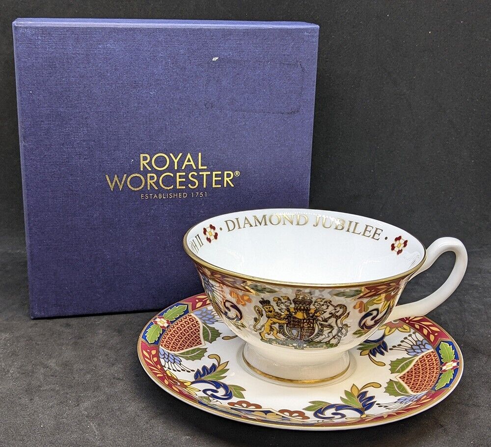 ROYAL WORCESTER Bone China Diamond Jubilee Tea Cup & Saucer - In Box