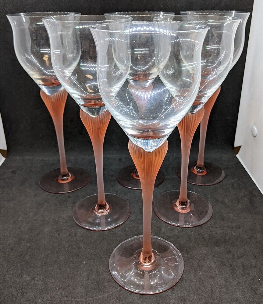 6 x 1980's MIKASA Sea Mist Coral Frosted Stemware Crystal Water Goblets